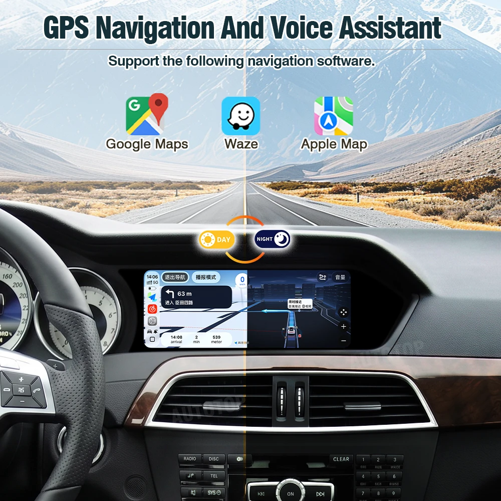 Reproductor Multimedia para Auto AUTOTOP de 8.8 Pulgadas para Mercedes-Benz Clase C W204 S204 2011-2014 NTG4.5, Actualización de Pantalla Estilo Original, Visualización de Velocidad y RPM del Motor en Tiempo Real, Radio con Pantalla Táctil, CarPlay Inalámbrico, Android Auto, Waze, Google Maps, Cámara de Reversa 1