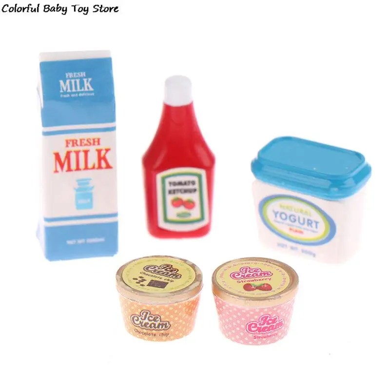 Pretend Kitchen Toys 5Pcs/Set 1:12 Dollhouse Miniature Food Mini Tomato Sauce Iced Yogurt Dolls Kitchen Toy