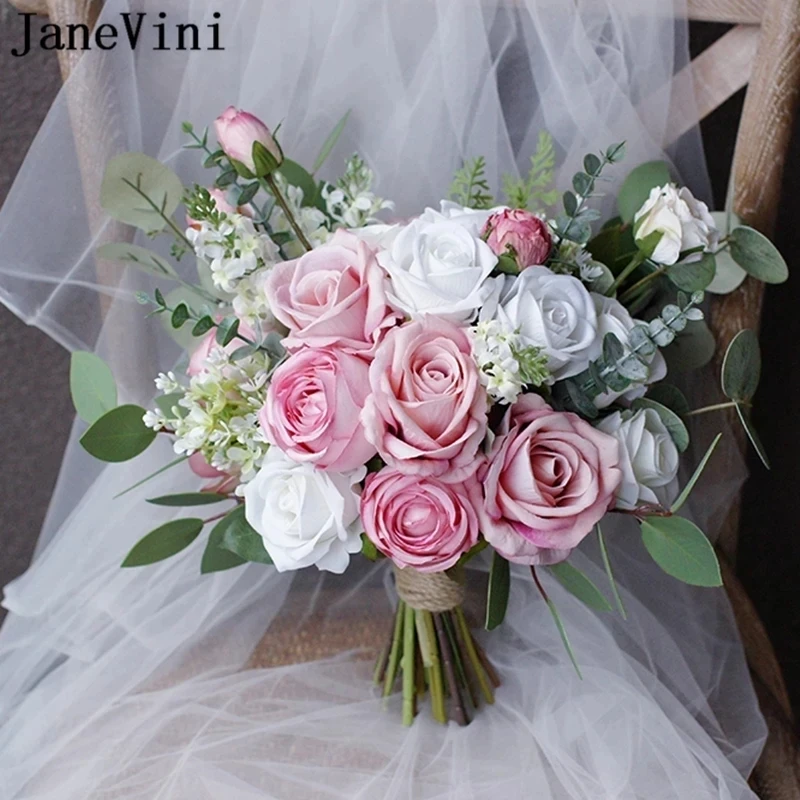 

JaneVini Romantic Pink White Bridal Bouquets Artificial Silk Roses Real Touch Bohemian Bride Holding Flowers Bouquet for Wedding