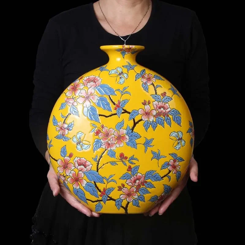 VaseRoundYellowCeramicVasesFlowerTreeDesignChineseMoonVase