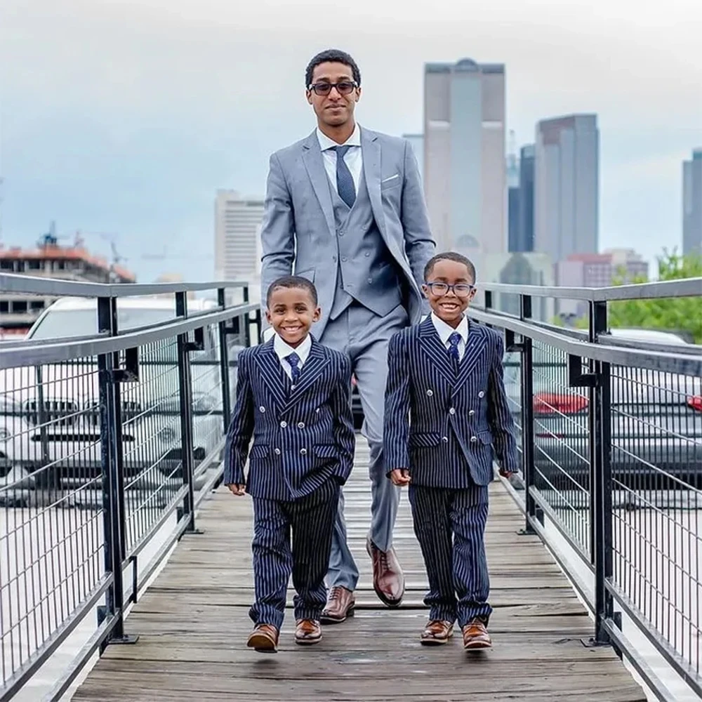 Boy's Navy Blue Stripes Suits 2 Piece Slim Fit Performance Wedding Tuxedo Double Breasted Fashion Clothes Elegant Blazer Pants