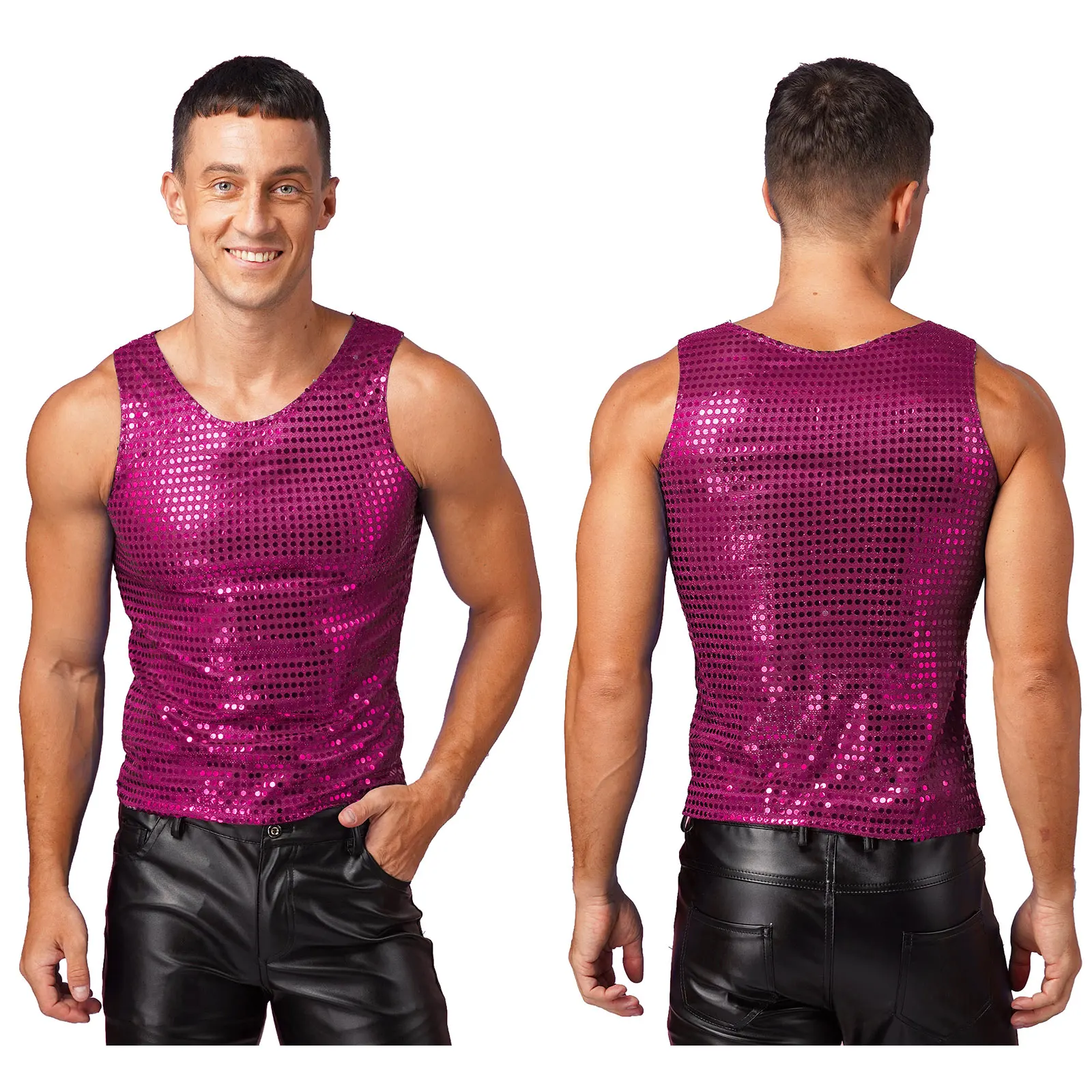 thumbnail image 1 of Camiseta de baile moderno de jazz con puntos y lentejuelas brillantes para hombre, camisetas de cuello redondo y manga corta, camisetas de rendimiento para festivales de discotecas, disfraces, 1 of 5