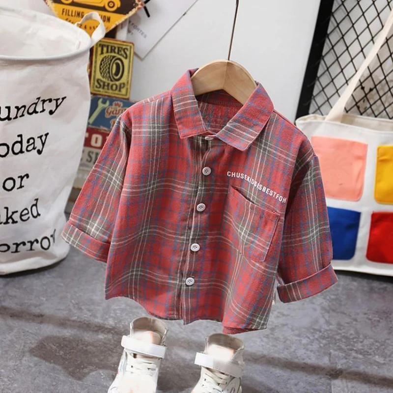 Boys' Shirts Spring And Autumn Cotton Material Children's Plaid Long-sleeved Shirts Casual Thin Coats boys long sleeve shirts