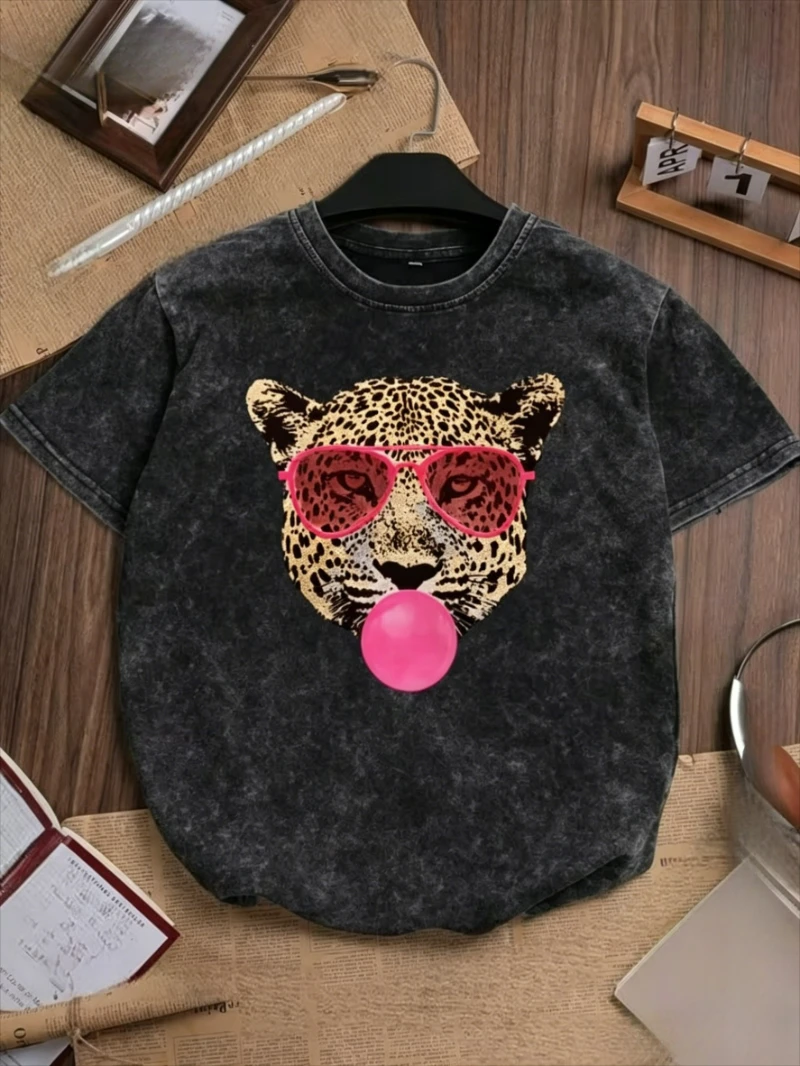 Cooles T-Shirt mit Leopardenkopf und rosa Brille im Bubble-Gum-Design, Vintage-Waschung, Rundhalsausschnitt, lässiges Kurzarm-Oberteil für den Alltag und Streetwear