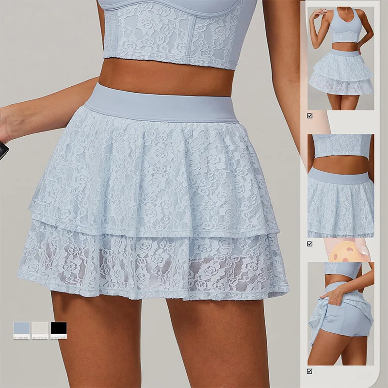 New Style Lace Nude Yoga Short Skirt for Women Anti Glare Mesh Breathable Sports Short Skirt High Waist Short Pants with Pocket