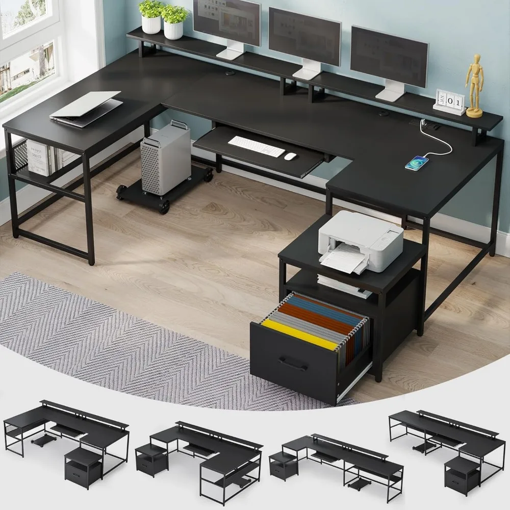 U Shaped Desk, Reversible L Shaped, Home Office, File Drawer, Power Outlet, 101.5" Computer Desk, Two Person, Monitor Shelf 3
