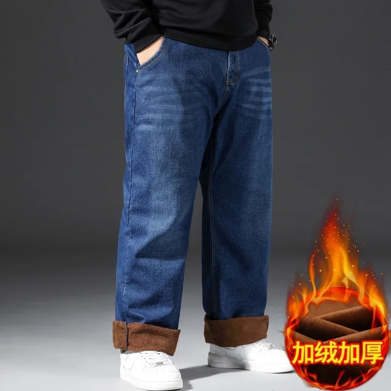 Plus Size Denim Jeans Men Thick Autumn and Winter Fleece Pants Loose Straight High Quality Casual Elastic Warm Fashion Trousers 4