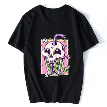 Kawaii Pastel Goth Creepy Skull Boba Bubble Tea Vaporwave T-Shirt Women Men Harajuku Aesthetic Tops Unisex Oversized tees 1