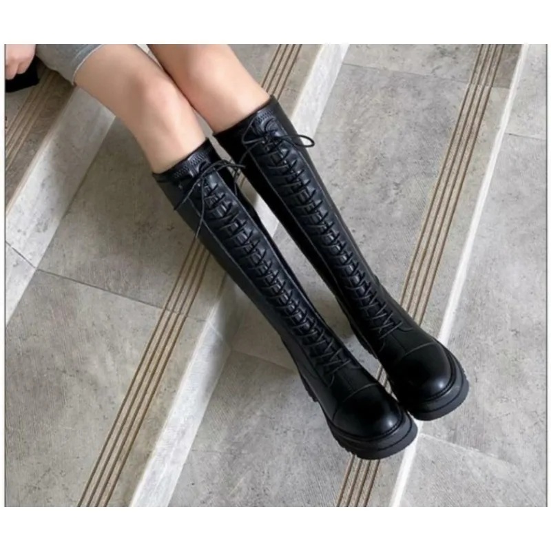 2024 Fashion Winter Motorcycle Boots Shoes AdultFashion Punk Women Mid Boot Leather Side Zipper Shoes Woman High Heels