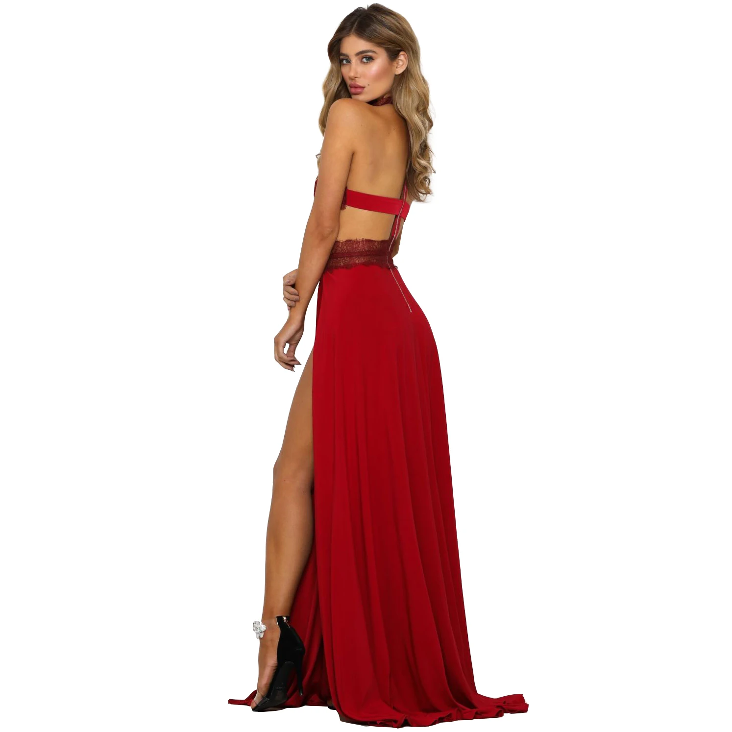 Sexy Perspective Lace Party Dress Women Elegant Sleeveless Backless High Split Long Dresses Fashion Evening Club Gown Vestido 5