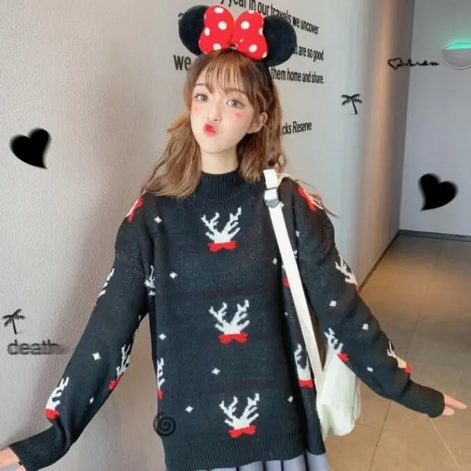 thumbnail image 1 of Suéteres de manga larga con cuello redondo y combinación de todo para otoño e invierno, ropa informal holgada para mujer, jerseys de punto navideños, blusas dulces Y2K, 1 of 5