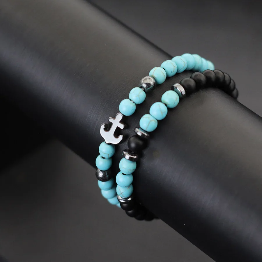 Natural Howlite Tiger Eyes Stone Anchor Bracelet For Men