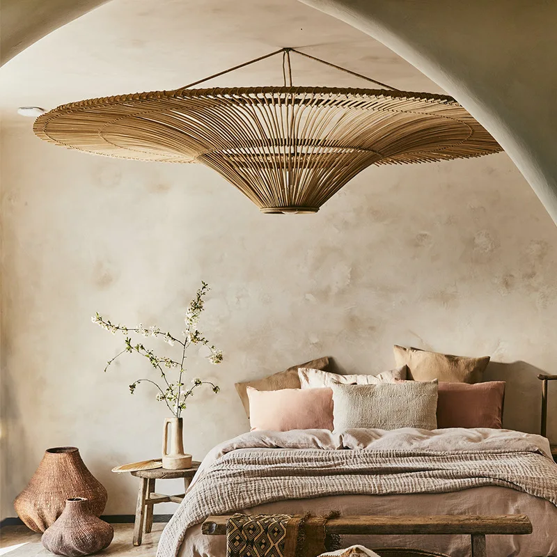 Japanese Rattan Pendant Light Wabi Sabi Wicker Chandelier For Living Room Restaurant Shop Decor Handmade Straw Hat Chandelier 4