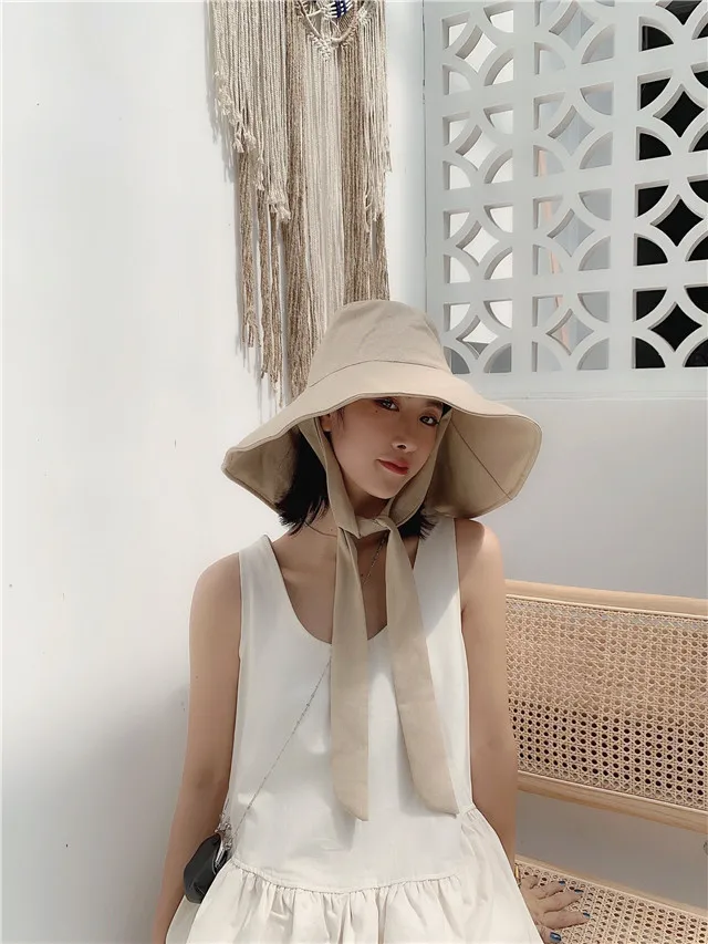 

Summer Lace-up Fishermen Sun Hat Women's Foldable Lightwhight Windbreak Rope Bucket Hat Sunshade Wide Brim Beach Versatile Hat