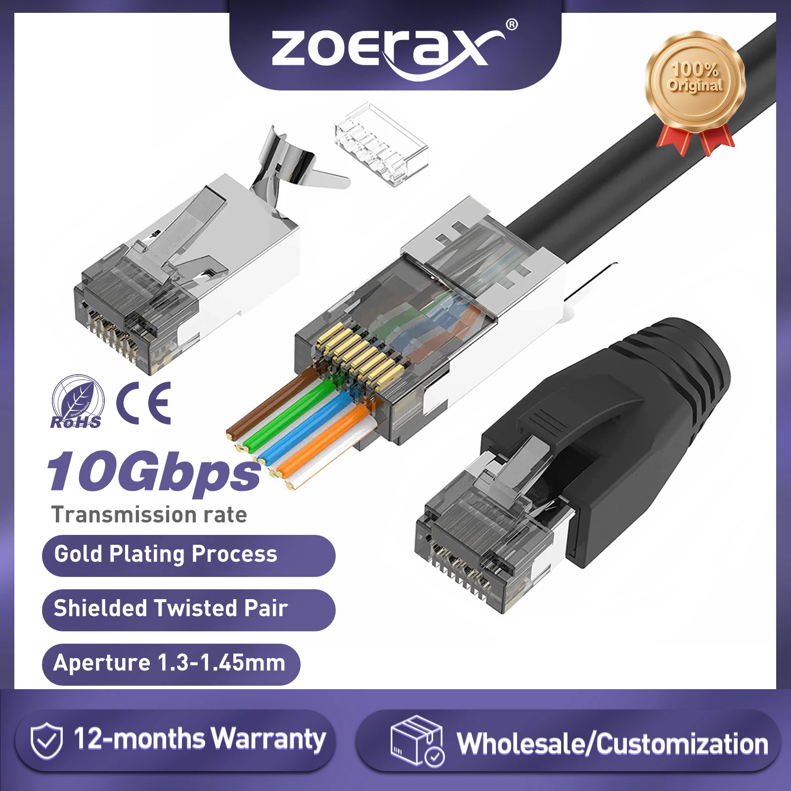 ZoeRax CAT6A CAT7 Connector, RJ45 Connectors Pass Through CAT6A CAT7 Shielded, 3-Prong with Strain Relief Boots Black - 1