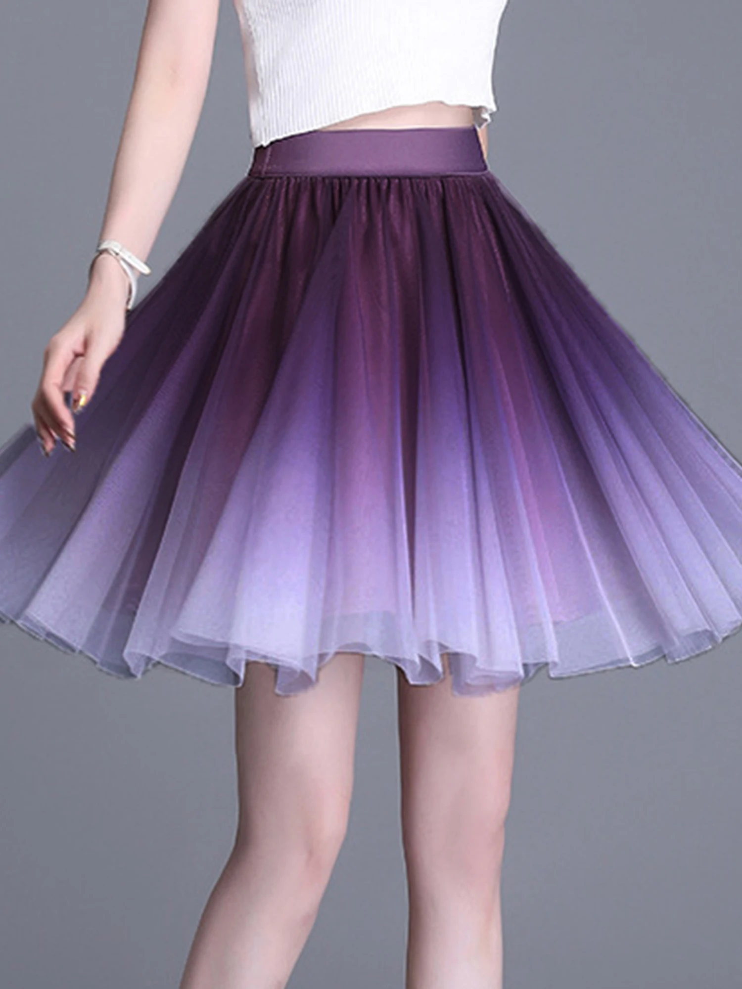 

5-Color Elegant Gradient Mesh Short Skirt With Thin Gauze Skirt Gradient Elastic A-Line Layered Short Skirt for Street Wear