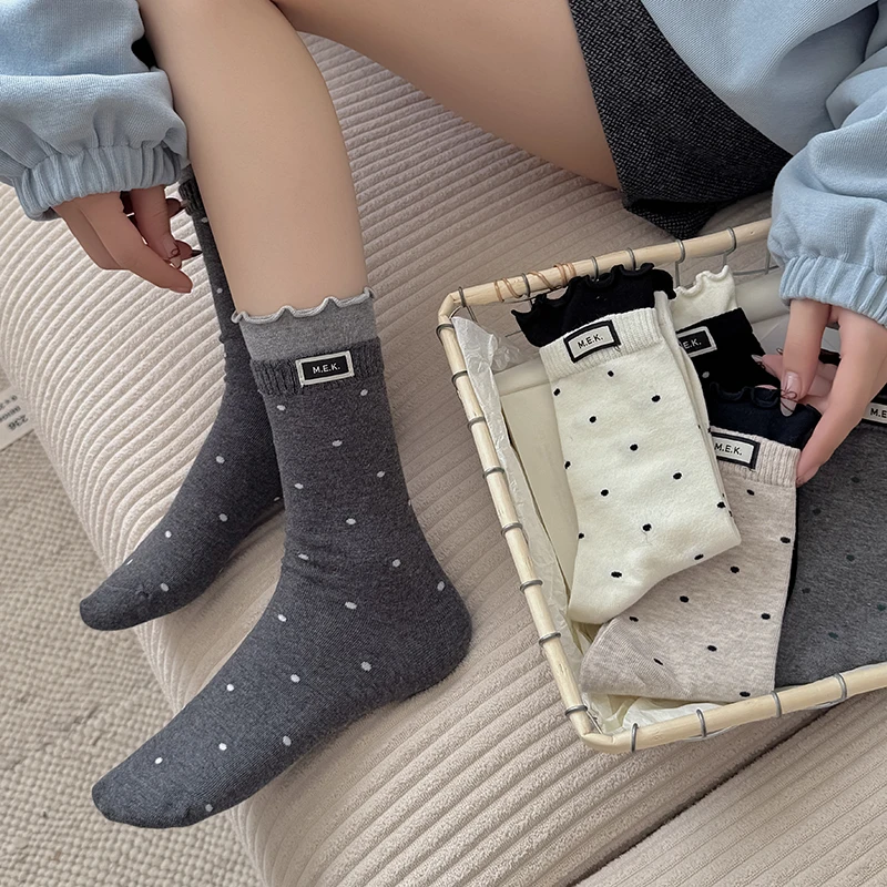 Socks For Women New Dots Cute Frilly Casual Fashion Long Socks Breathable Preppy Style Ladies Novelties Socks Cotton Soft Comfy - 2