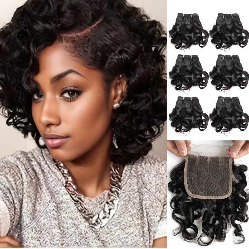 Brazilian Hair Weaving With Closure Ombre Bouncy Curly Bundles With Closure 4x4 Short Human Hair Bundles Extentions 6+1/Lot