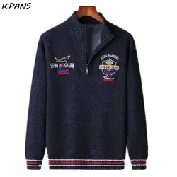 Fleece Warm Half Zipper Shark Male Pullover Knitted Winter Mens Sweater Cotton Clothes Letter Vintage Red Black Knitted Coat