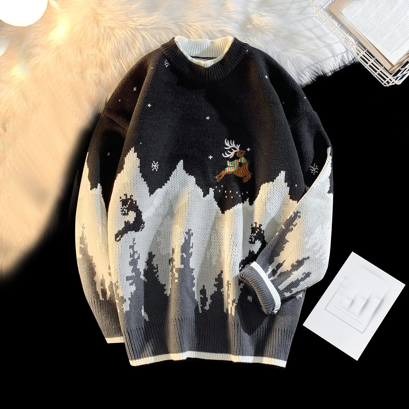 

Christmas Sweater Jacquard Pullover Warm And Funny Holiday Deer Print Sweaters Top Male Autumn And Winter Color-Matching Tunic