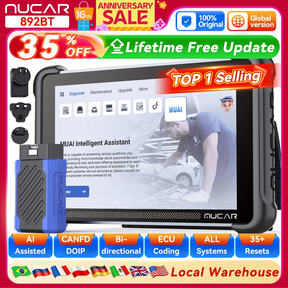 MUCAR 892BT Bi-directional ECU Coding Life Free Professional Car Diagnostic Tool CANFD DOIP 35 Resets Full Systems Obd2 Scanner
