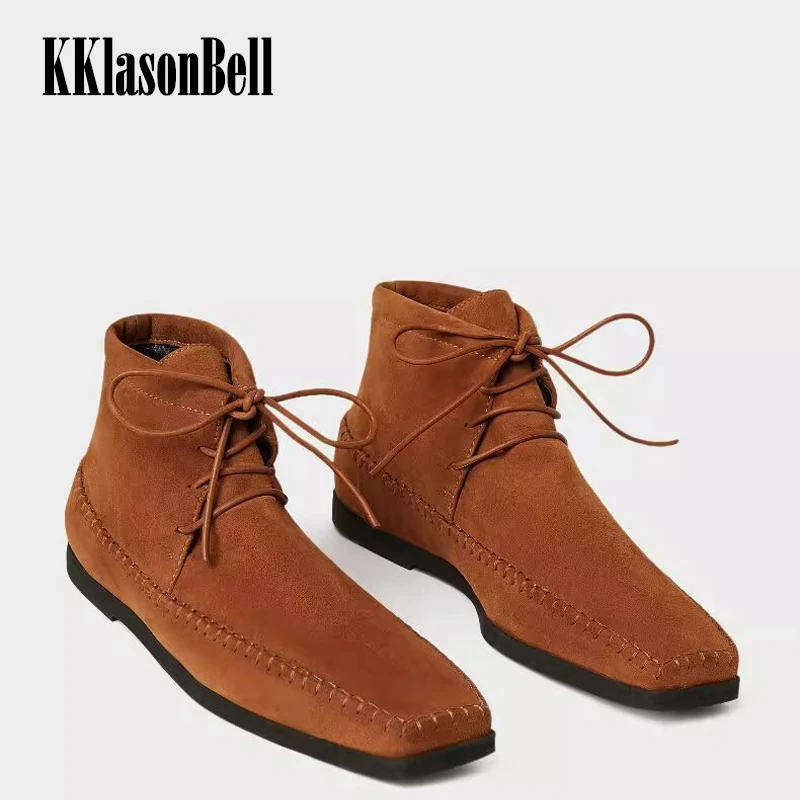 

10.21 KKlasonBell Kid Suede Martin Boots Lace-Up Sheepskin Lining Square Toe Short Boots