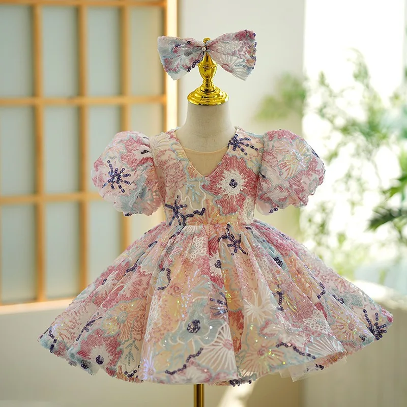 

2023 Luxury Floral Dress for Baby Girls Kids Sequins Print Ball Gown for Birthday Party Children Princess Formal Evening Dresses
