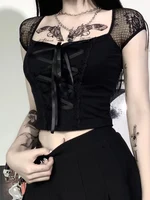 Vintage hauts Goth T-shirt femmes moulante pansement dentelle noir T-shirts gothique Streetwear Sexy femme haut décontracté maille T-shirts 1