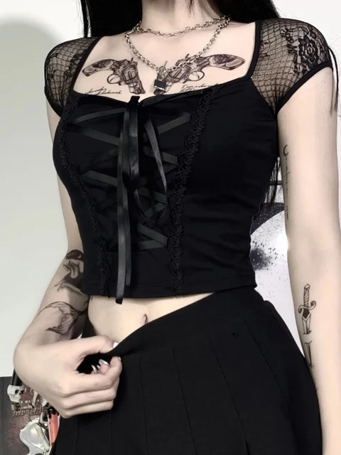 Vintage hauts Goth T-shirt femmes moulante pansement dentelle noir T-shirts gothique Streetwear Sexy femme haut décontracté maille T-shirts 1