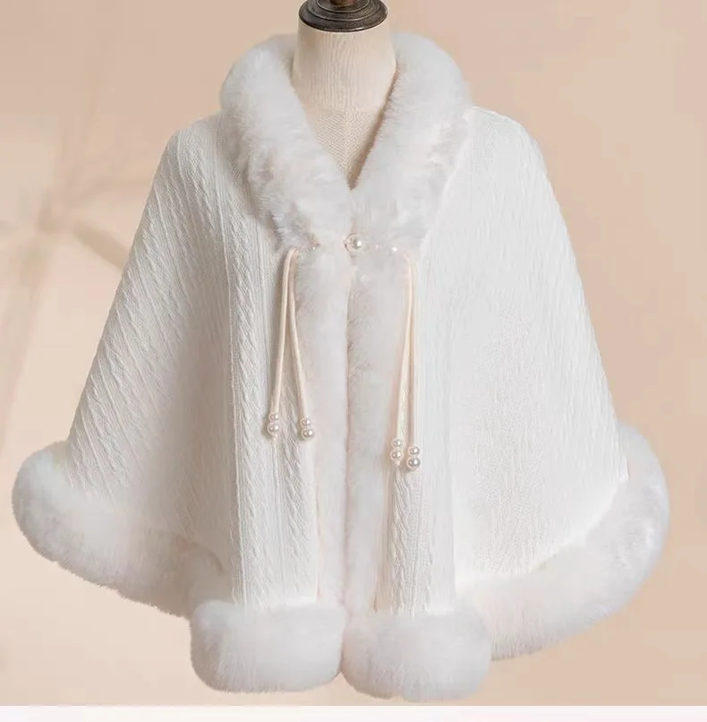 

Cloak Poncho Capes New Chinese Style Qipao Shawl With Thickened Autumn Winter Imitate Fur Like Plush Women Cape Lady Coat White