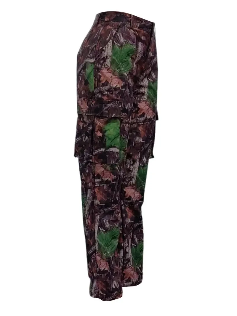 Mid-Waist Side Pocket Design Camo Print Cargo Pants Full Print Zipper Casual Leaf Printed Straight Tube Women's Camo Cargo Print