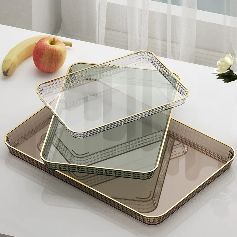 Nordic Light Luxury Rectangular Tray Plastic Gold Edge Transparent Tray Home Storage Teacup Organizer Dessert Fruit Plate