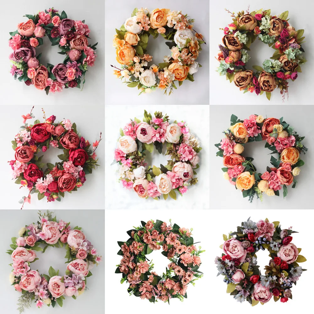 

35-45cm Wedding Rose Wreath Silk Peony Flower Wreath Front Door Room Outdoor Garland Wedding Arch Backdrop Flower Wreath Decor