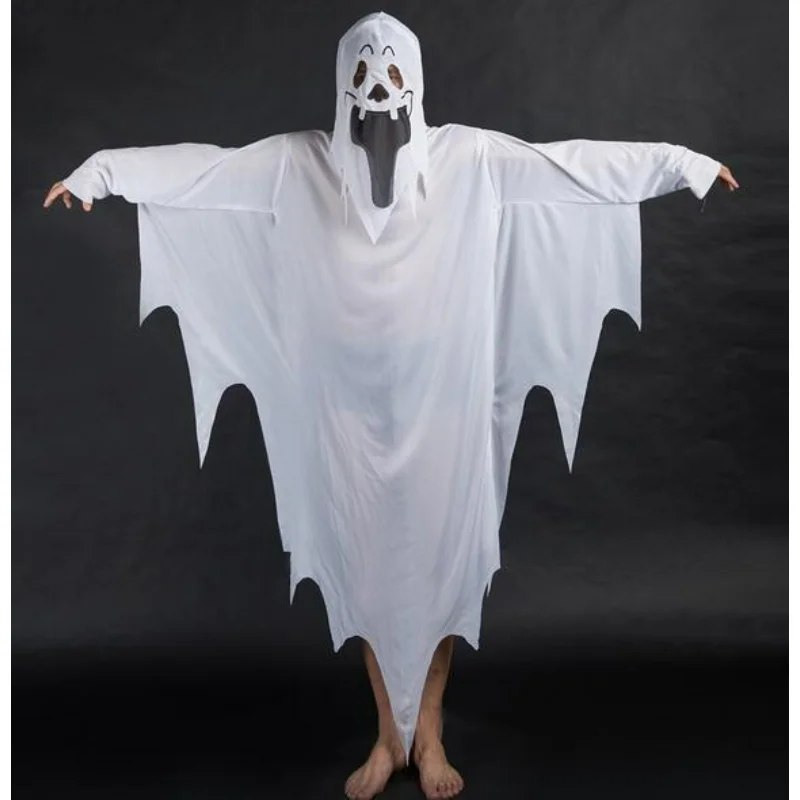 

Unisex Aldult Child White Halloween Ghost Costume Robe Scary Mask Hooded Dress up Witch Cape Outfit Cosplay Parties Girls Boys