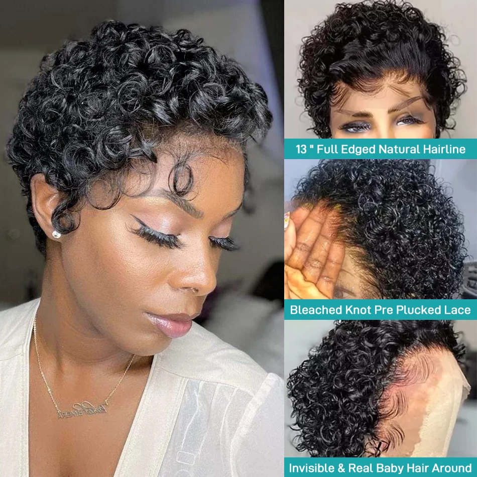 Melodie Pixie Cut Wig Water Wave Human Hair Lace Frontal Wigs T Part Short Bob Curly Transparent Lace Wigs For Black Women