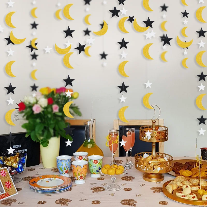 

Eid Mubrak Hanging Garland Banner Glitter Star Moon Paper Bunting Garland Ramadan Mubarak Islamic Muslim Festival Party Decor