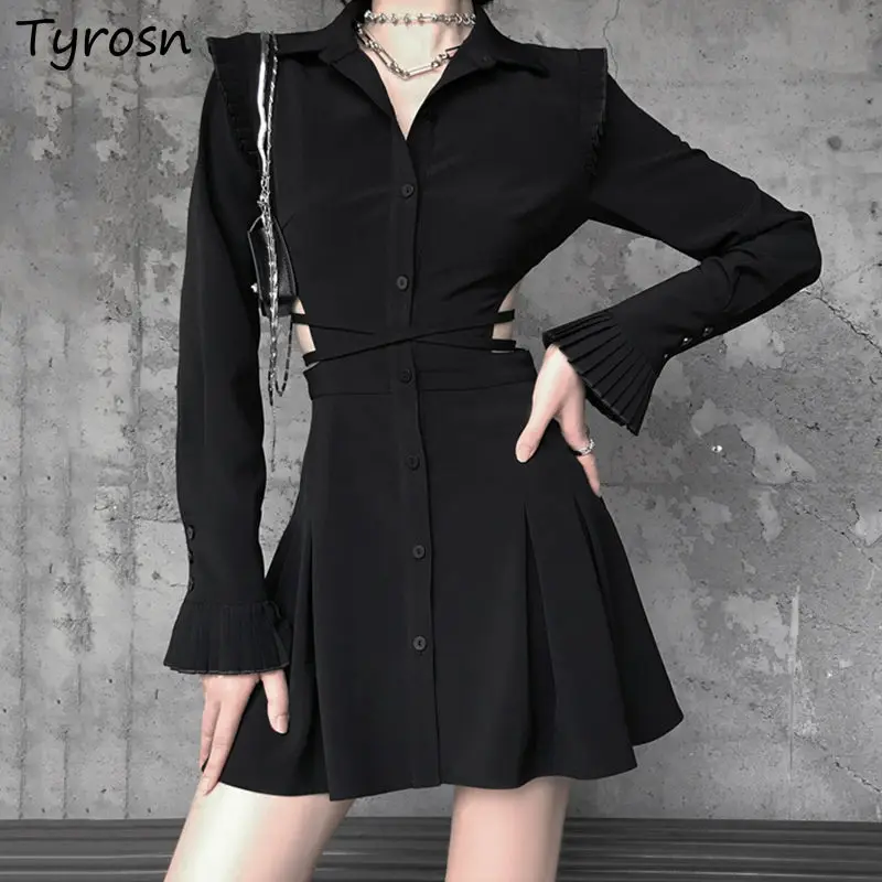 

Ulzzang Hot Sweet Sexy Dresses Women Slim High Waist Hollow Out Sashes Criss-Cross Ruched Ruffles Streetwear Chic Dark Academiaf