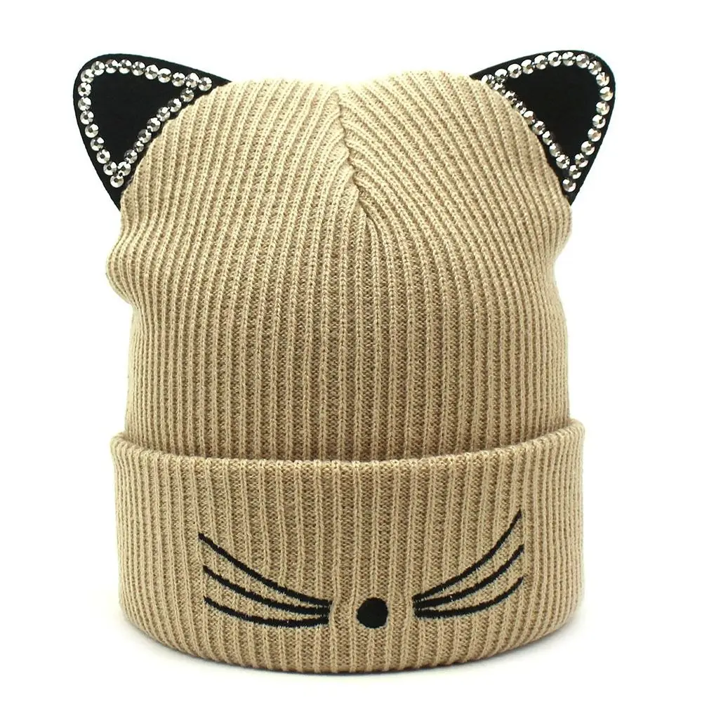 

Winter Knitted Cat Skullies Hat Cute Outdoor With Ears Beanies Hat Panama Lady Cap Embroidered Warm Female Cap