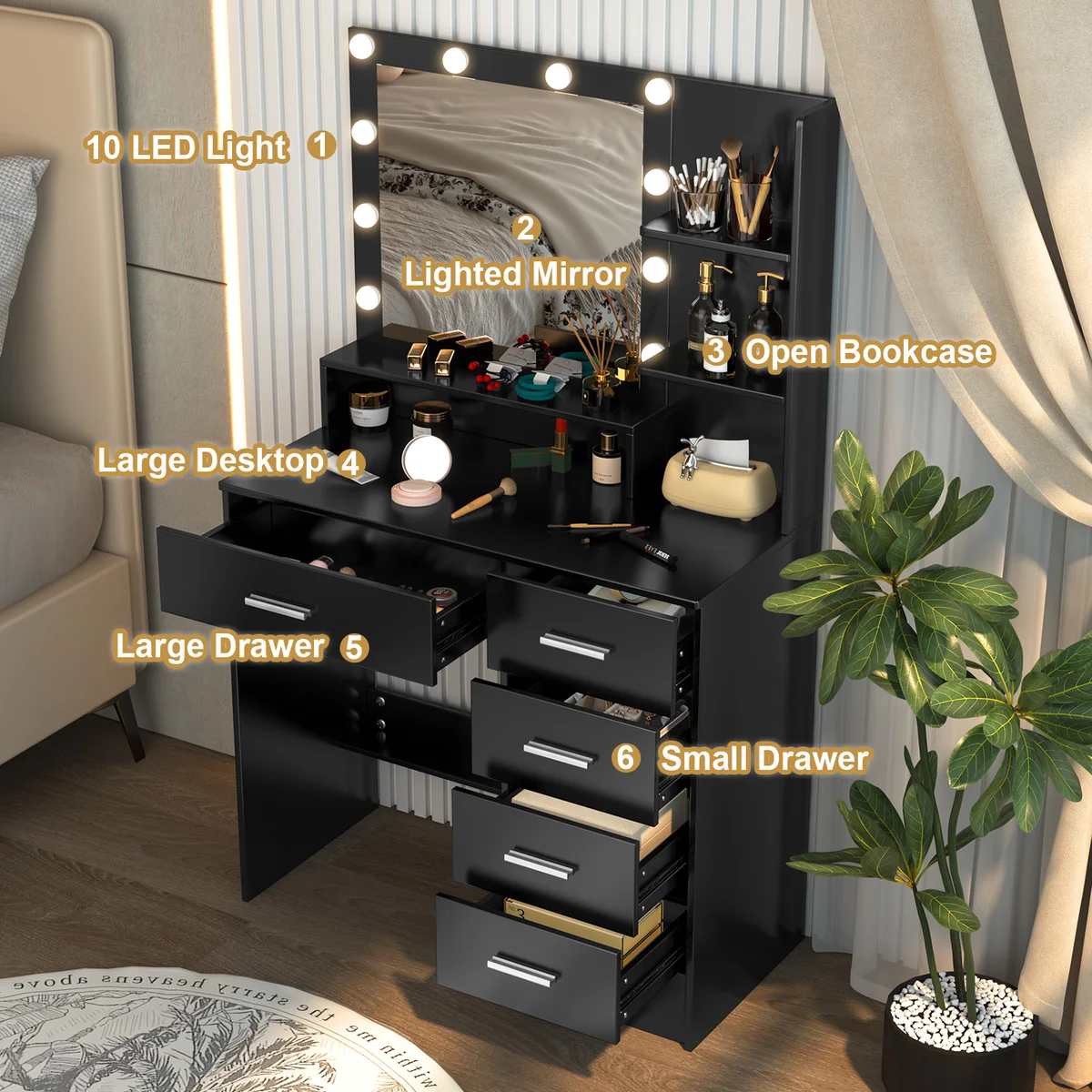 Black Dressing Table with 5 Drawers and Lighted Mirror Makeup Vanity Desk
