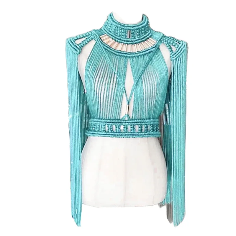 Creative Handmade Cotton Rope Woven Retro Bohemian Style Elegant Temperament Tassel Long Skirt Beach Swimming Suit