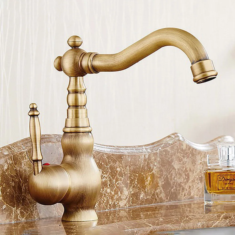

Vintage Retro Antique Brass Single Handle One Hole Bathroom Basin Sink Faucet Mixer Tap Swivel Spout Deck Mounted man002
