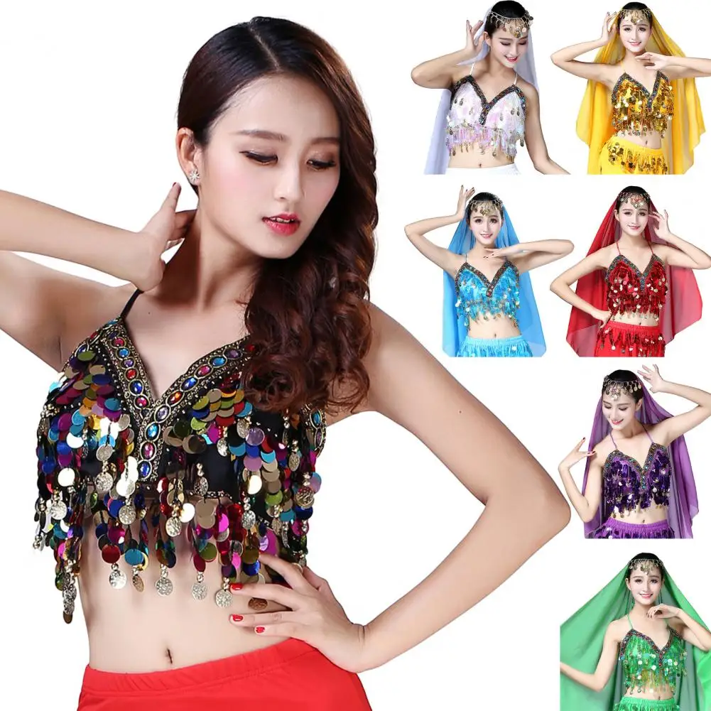 

Women Bra Top Sequin Tassel Neck Backless Sleeveless Belly Dance Boho Festival Blouse Clubbing Tribal Bra Performance Exotic Top