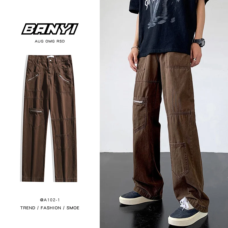 

American Vintage Y2k High Street Jeans Mens Pants Trend Fashion Baggy Straight Multi Pocket Cargo Pant Trousers Streetwear