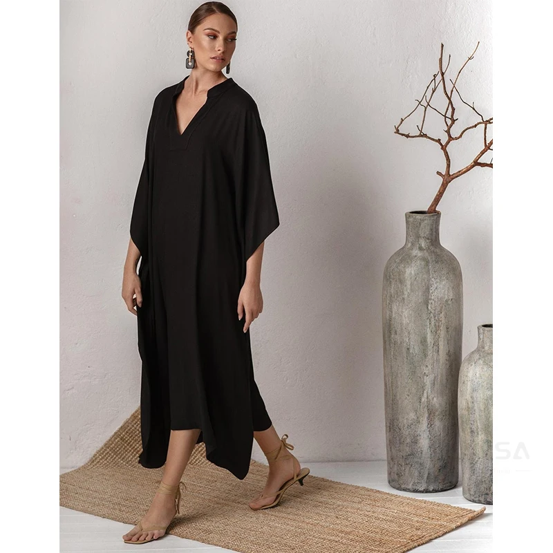 Long Red Kaftan Plus Size V-neck Maxi Dress Summer Clothing Women Beach Wear Swim Suit Cover Up robe de plage sarong Q1344