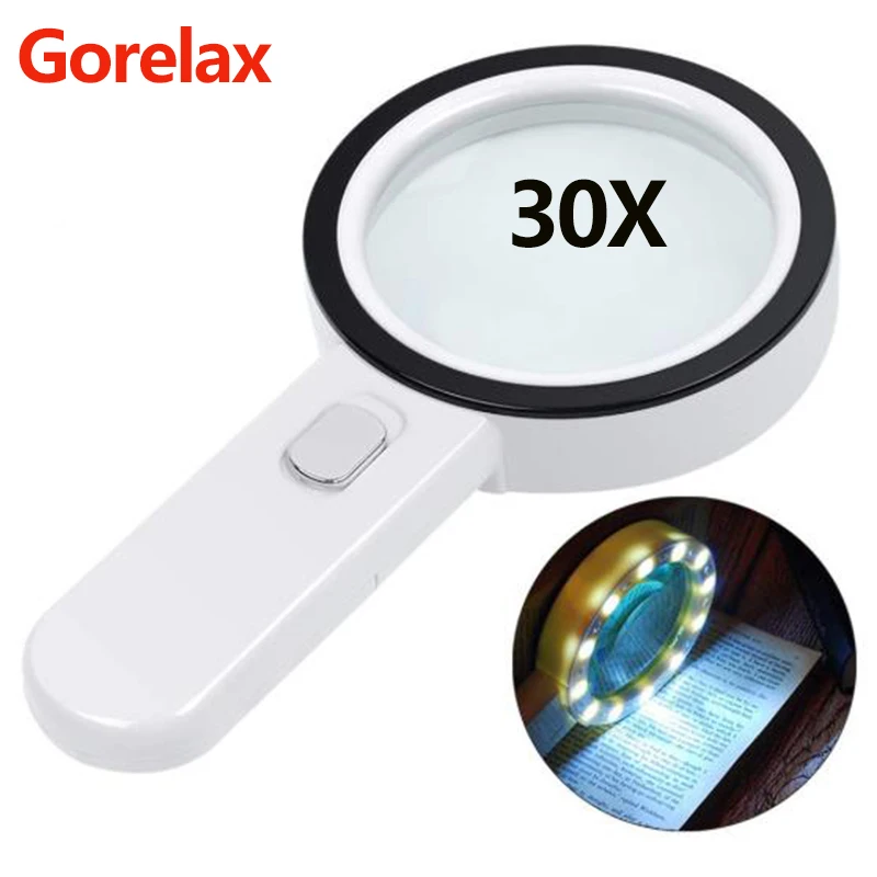 

30X Handheld Magnifying Glass With 12 Led Lights, 80mm Large Optical Lens Magnifier for Seniors Reading Repair Hobby Watching