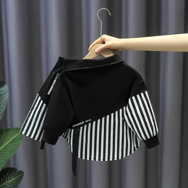 Fashionable Striped Patchwork Spring Autumn Casual Shirt Boys Outerwear Korean Version All-Match Children's Clothing
