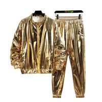 Performance sur scène dorée pour hommes, haut ample brillant à manches longues avec pantalon Long, costume décontracté à la mode argentée 1