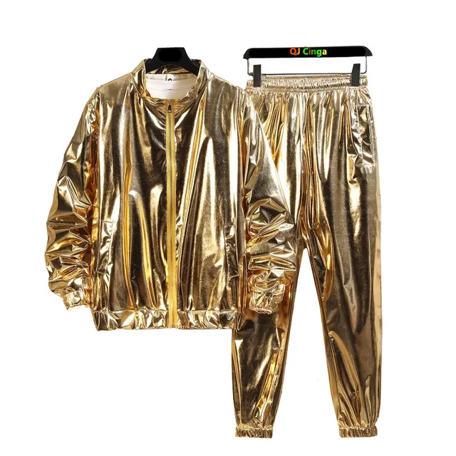 Performance sur scène dorée pour hommes, haut ample brillant à manches longues avec pantalon Long, costume décontracté à la mode argentée 1