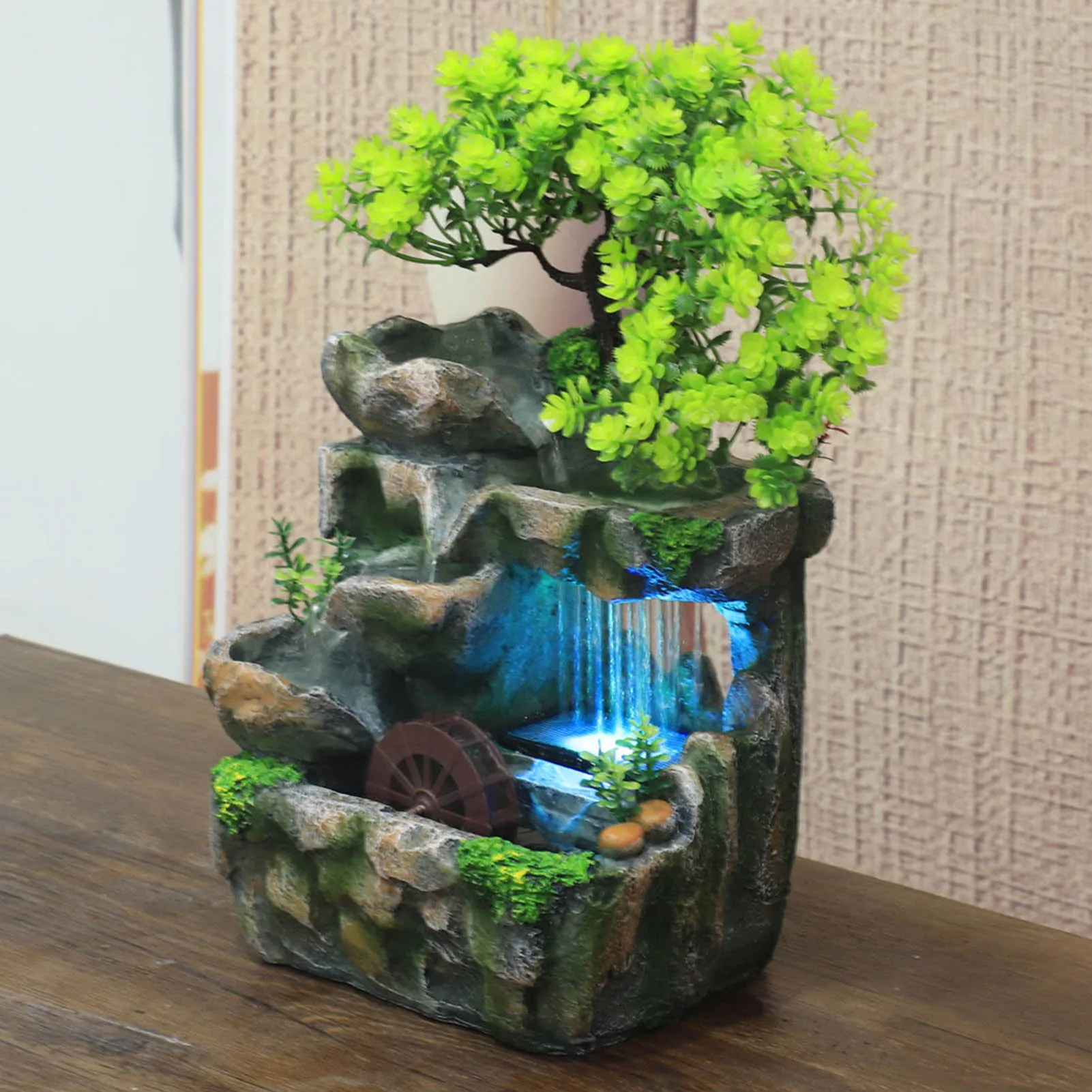 

Indoor Mute Desktop Small Fountain Model With LED Light Waterfall Stylish Artificial Hill Fountain For Home Living Room Decor
