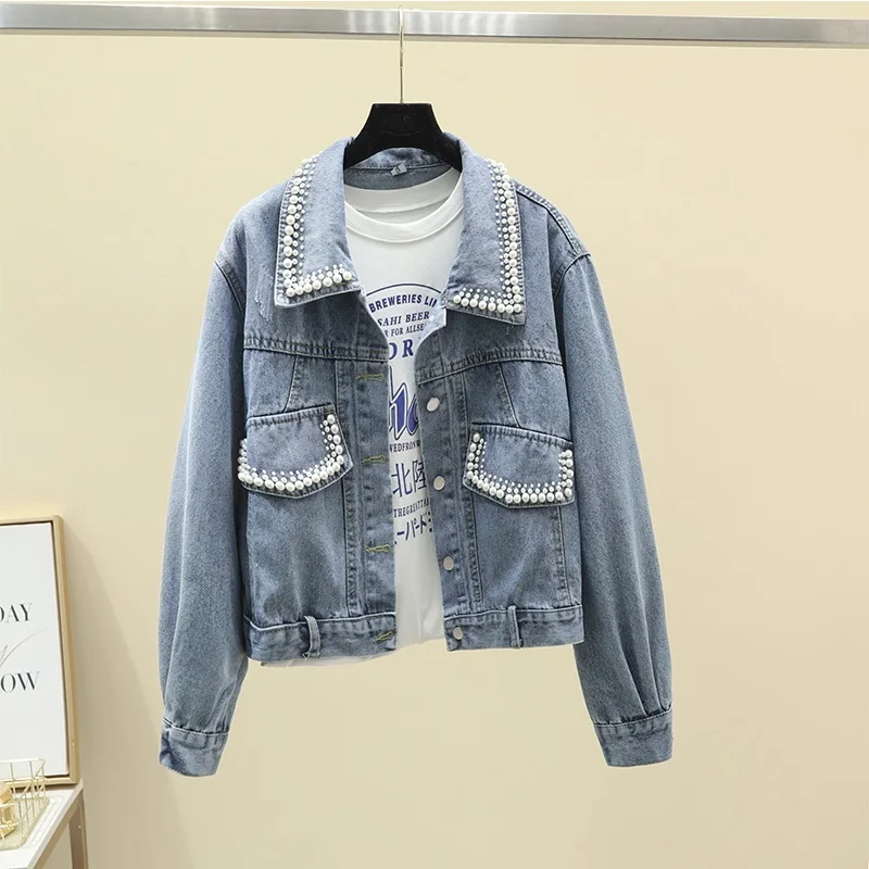 

Vintage Blue Beading Denim Jacket Coat Women Loose Short Cowboy Outerwear Spring Autumn Korean Long Sleeve Jeans Jacket Female